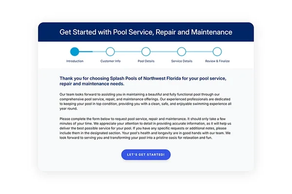 Pool service form for requesting residential pool maintenance, cleaning, and repair services