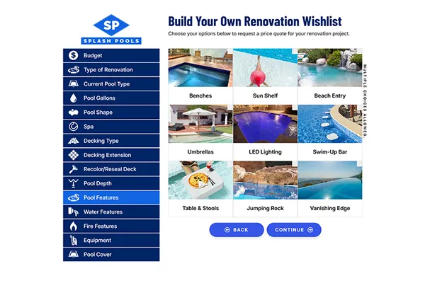 Pool renovation wishlist builder interface showing customizable options and design features
